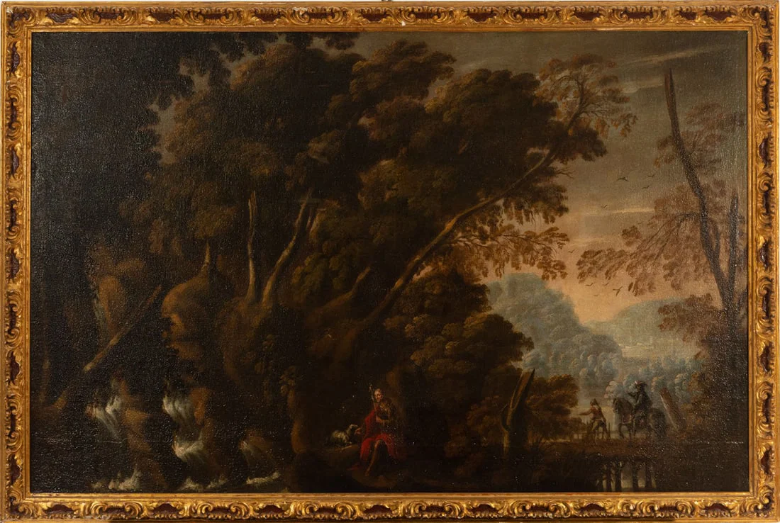 Saint John on Patmos, 17th century Flemish school, with important period frame