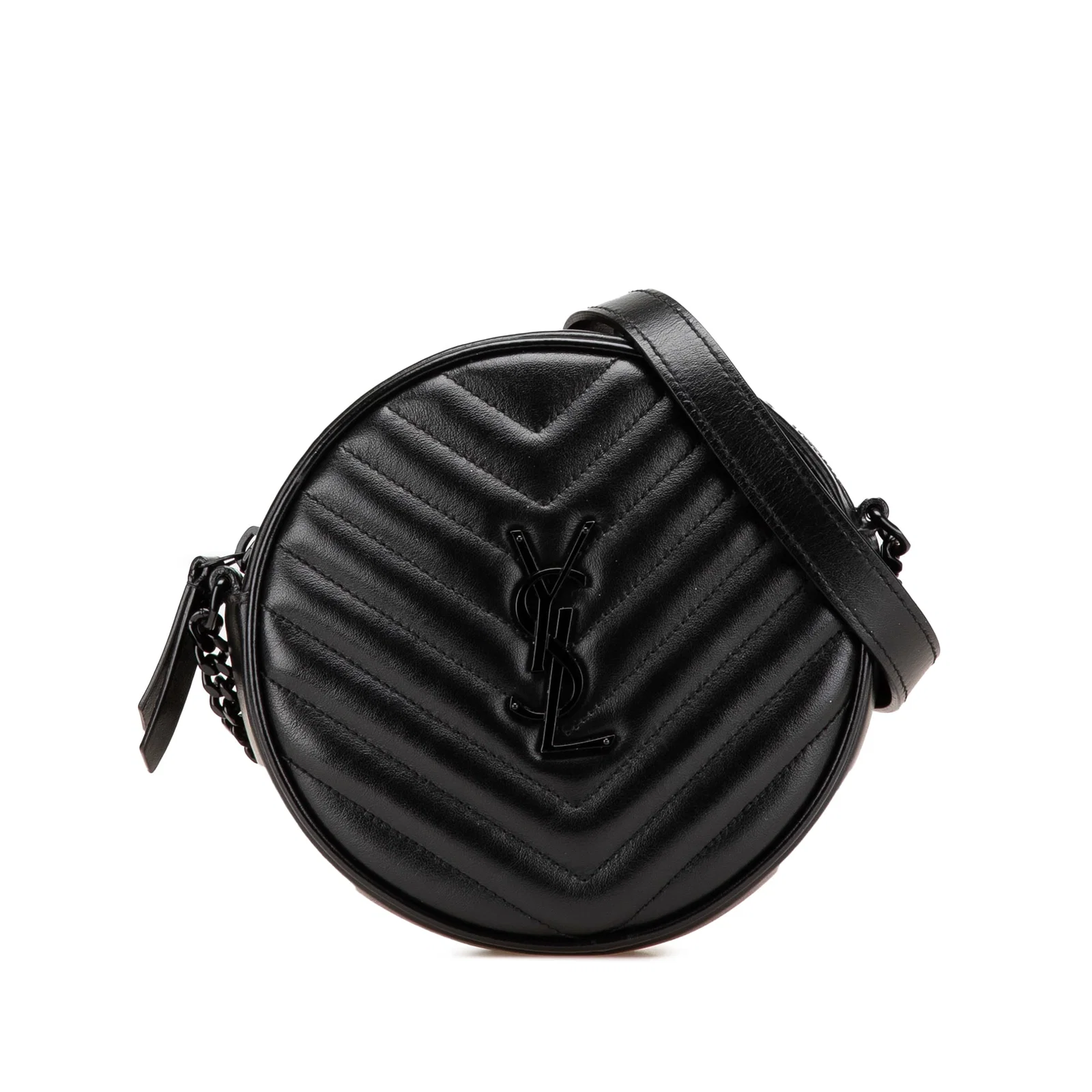 Saint Laurent Black Chevron Calfskin Round Camera Bag with Gold Chain