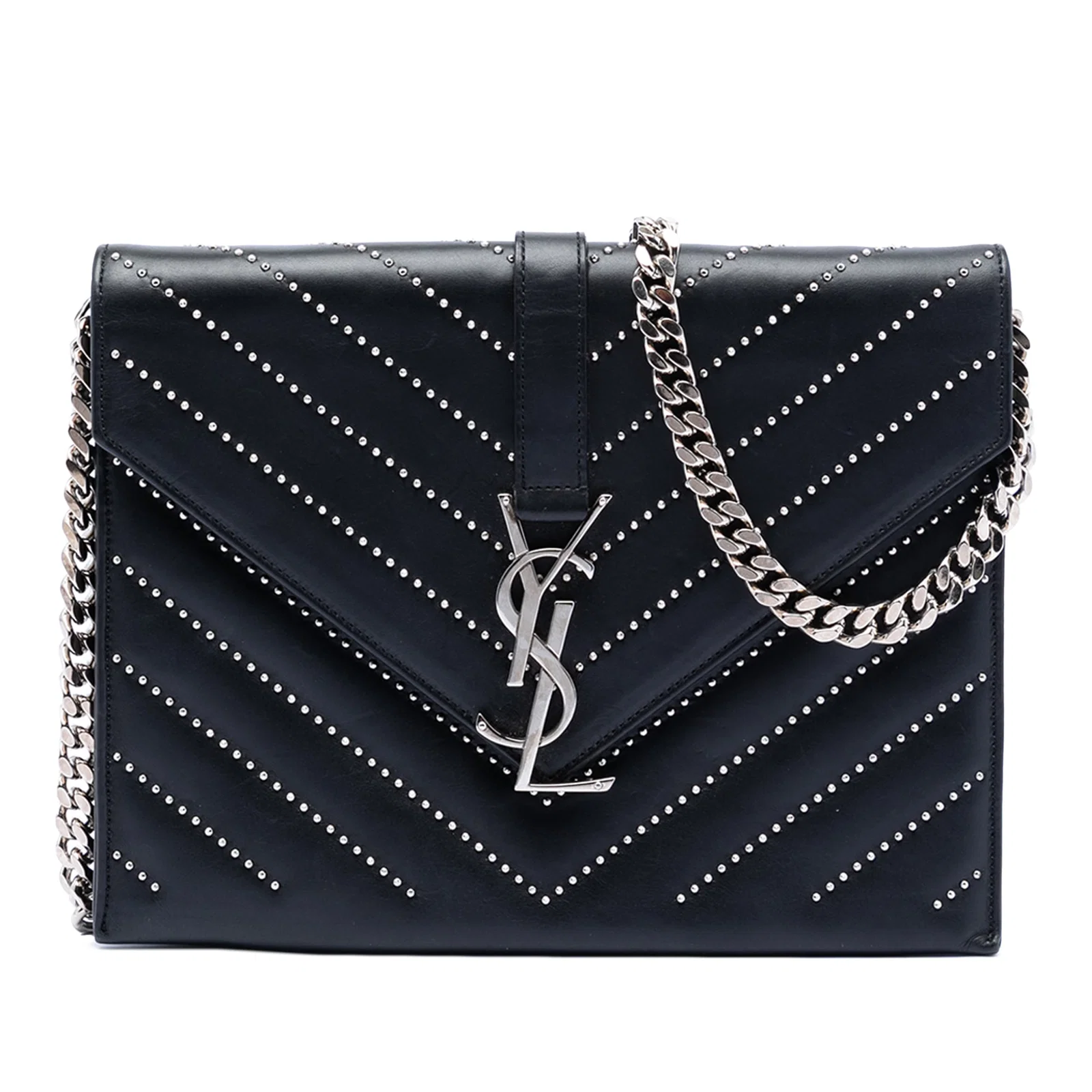 Saint Laurent Monogram Studded Leather Chevron Envelope Shoulder Bag