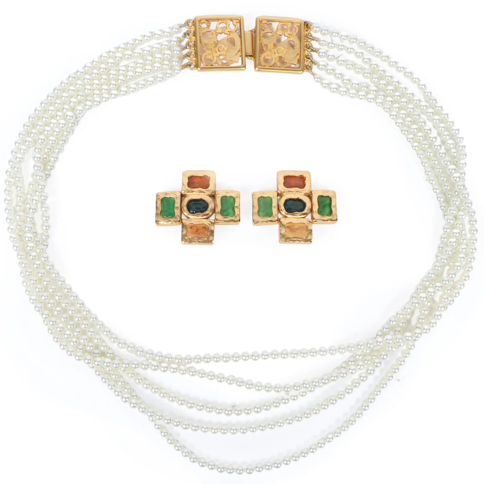 Salvatore Ferragamo 2pc group: long multi strand faux pearl necklace with iconic shoe design clasp