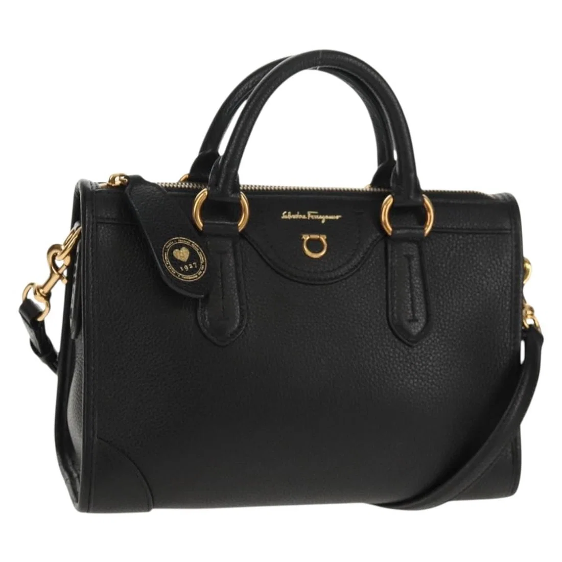 Salvatore Ferragamo Brianna Leather Hand Bag Black Gold Authentic
