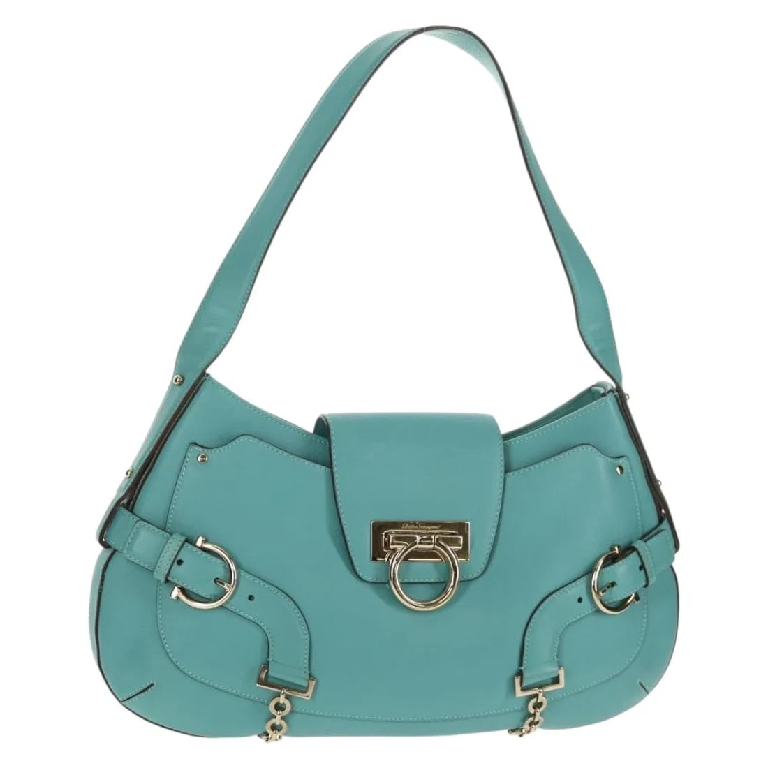 Salvatore Ferragamo Gancini Leather Shoulder Bag Turquoise Blue Gold Auth
