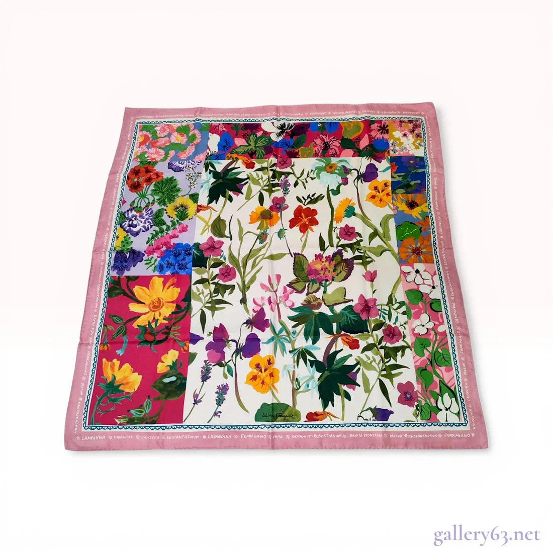 Salvatore Ferragamo Silk Twill Botanical Patchwork Scarf with Box