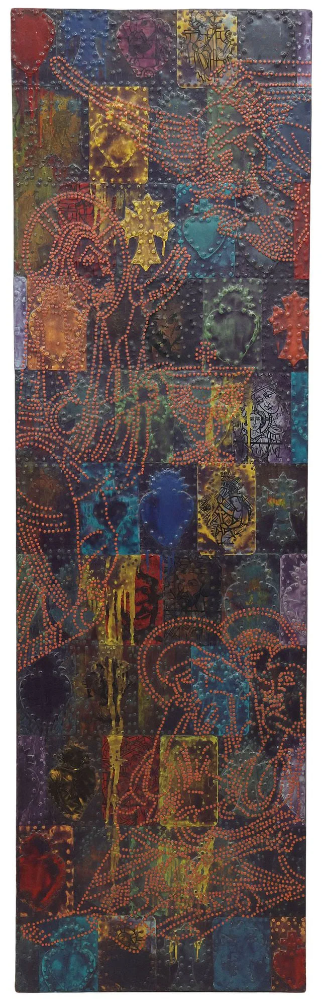 SAM EARLE (B.1960) MIXED MEDIA RELIGIOUS PAINTING ON RECLAIMED DOOR, 80"H