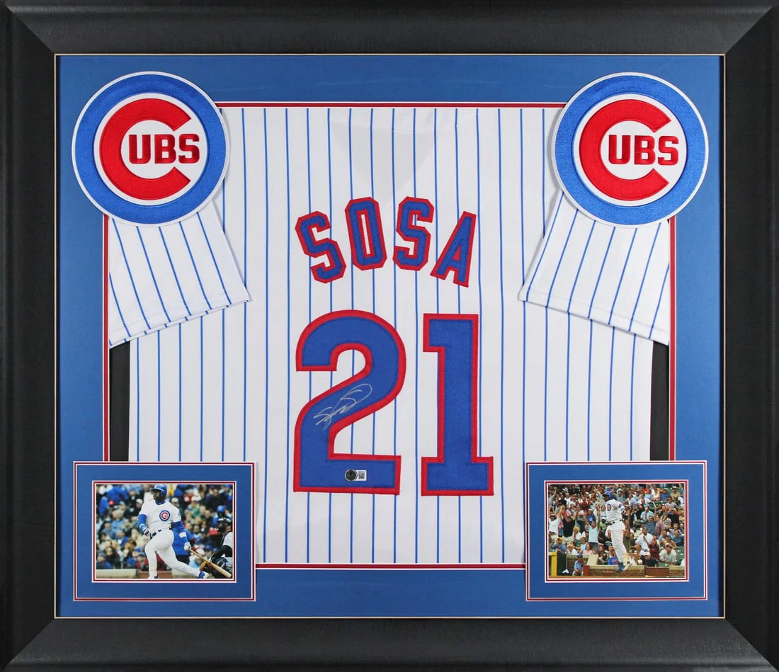 Sammy Sosa Signed Framed White Pinstripe Jersey Chicago Cubs BAS Authenticated