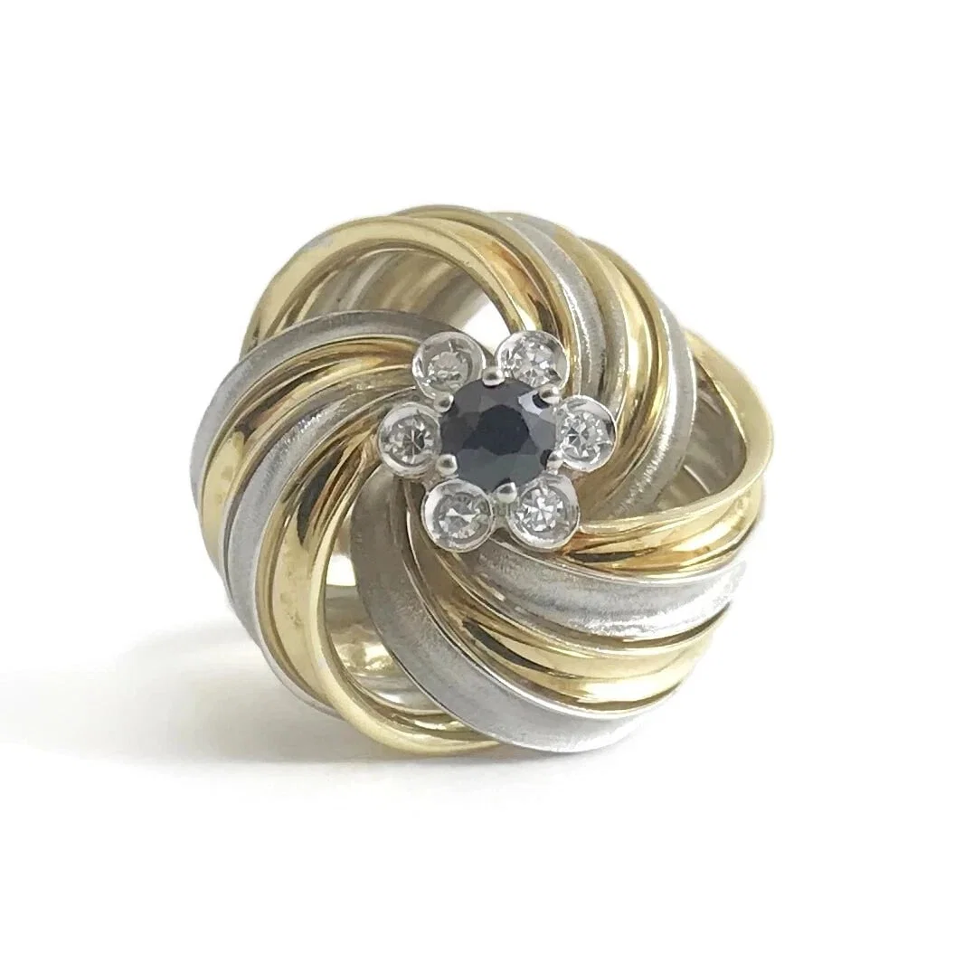 SAPPHIRE DIAMOND SWIRL TWO-TONE COCKTAIL RING