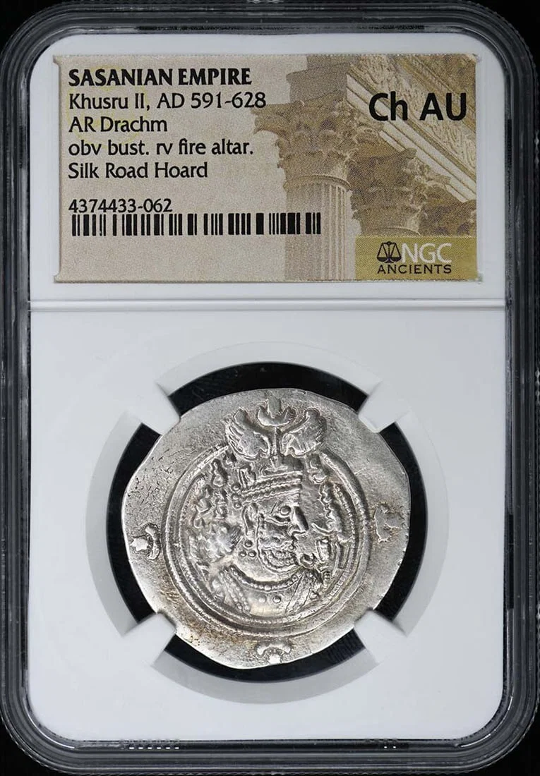 Sasanian Empire AR Drachm of Khusru II NGC Certified Choice AU