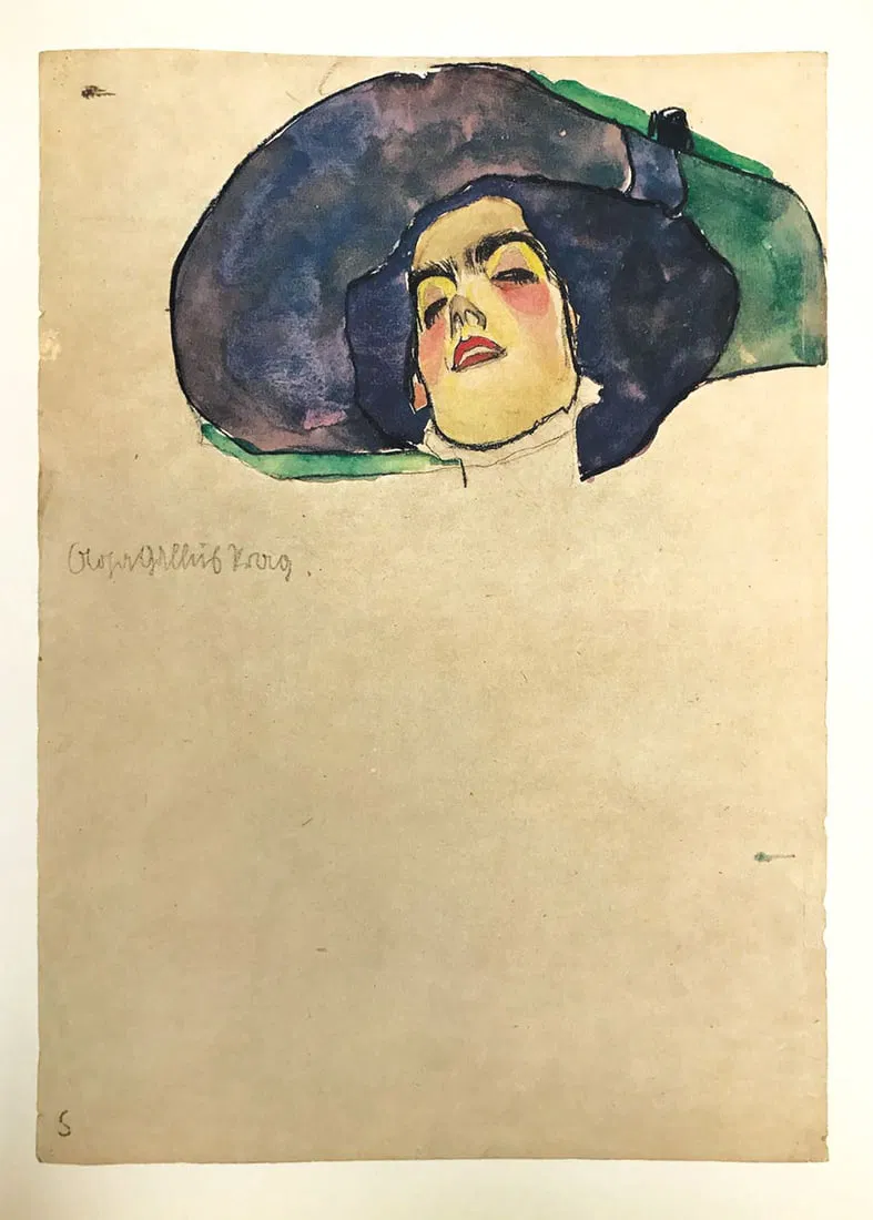 Schiele Lithograph 1 Woman's Head with Wide Brimmed Hat