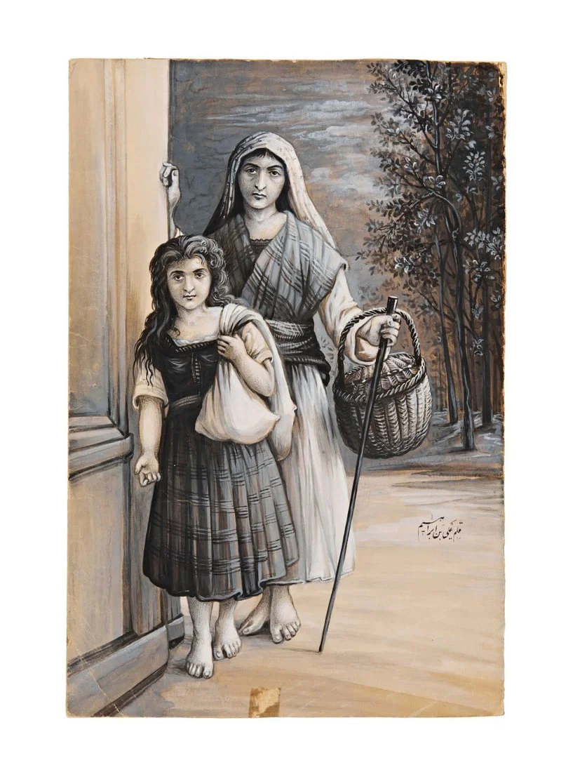 SCHOOL OF KAMAL OL MOLK, BEGGAR GIRLS, ACRYLIC ON BOARD, SIGNED ‘ALI BIN IBRAHIM’, 19TH CENTURY