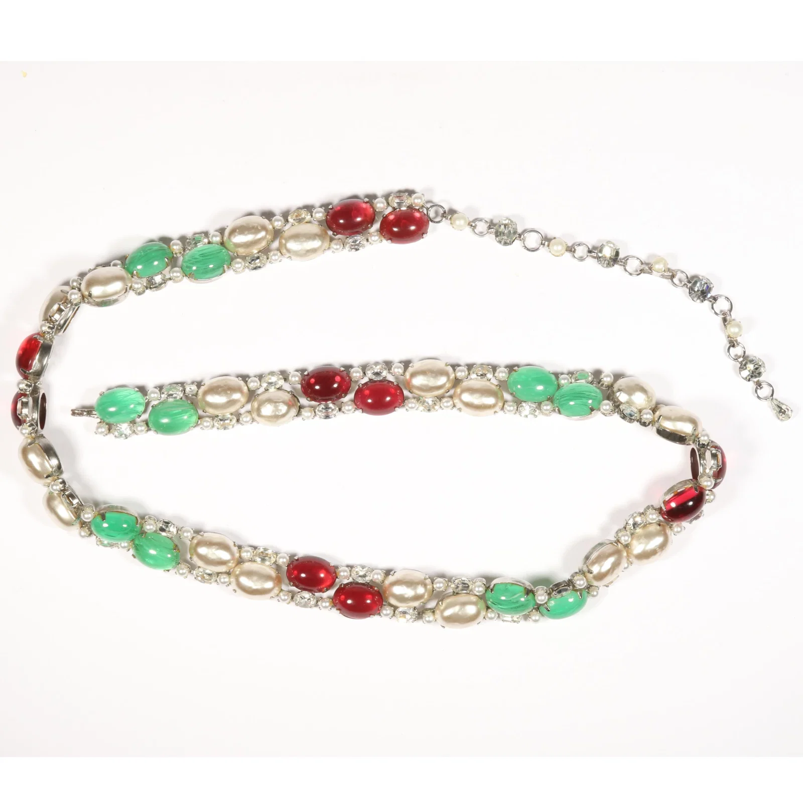 Schreiner belt / necklace with swirled green and ruby red jelly cabochons, faux pearls, and