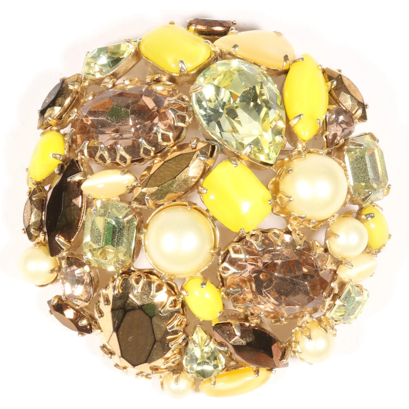 Schreiner New York rhinestone crystal pendant brooch with bright yellow moonglow cabochons and faux