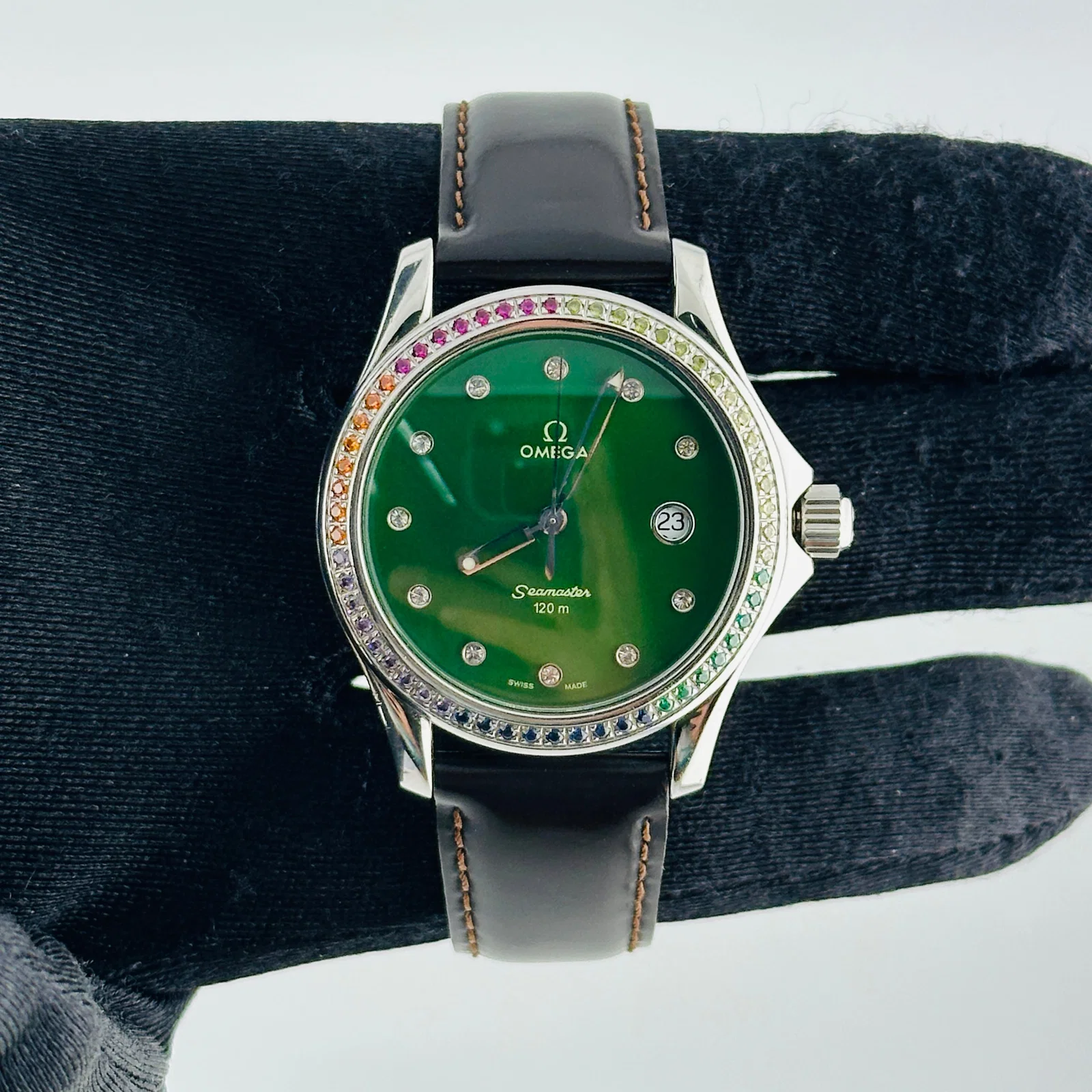 Seamaster 120 Aftermarket Green Dial Watch With Diamond Markers Leather Strap OG Buckle