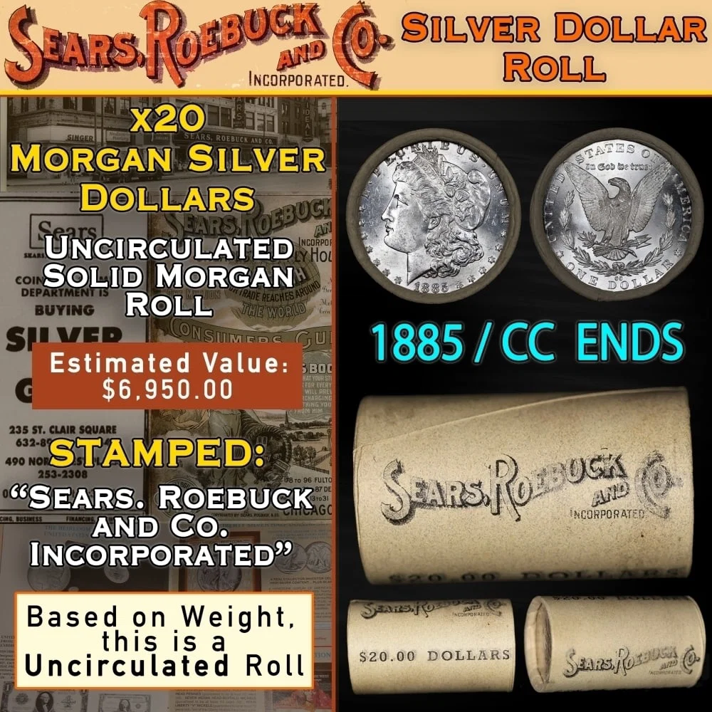 SEARS 20 Coin UNC Morgan Dollar $1 Roll With CC End 1885 & CC Ends