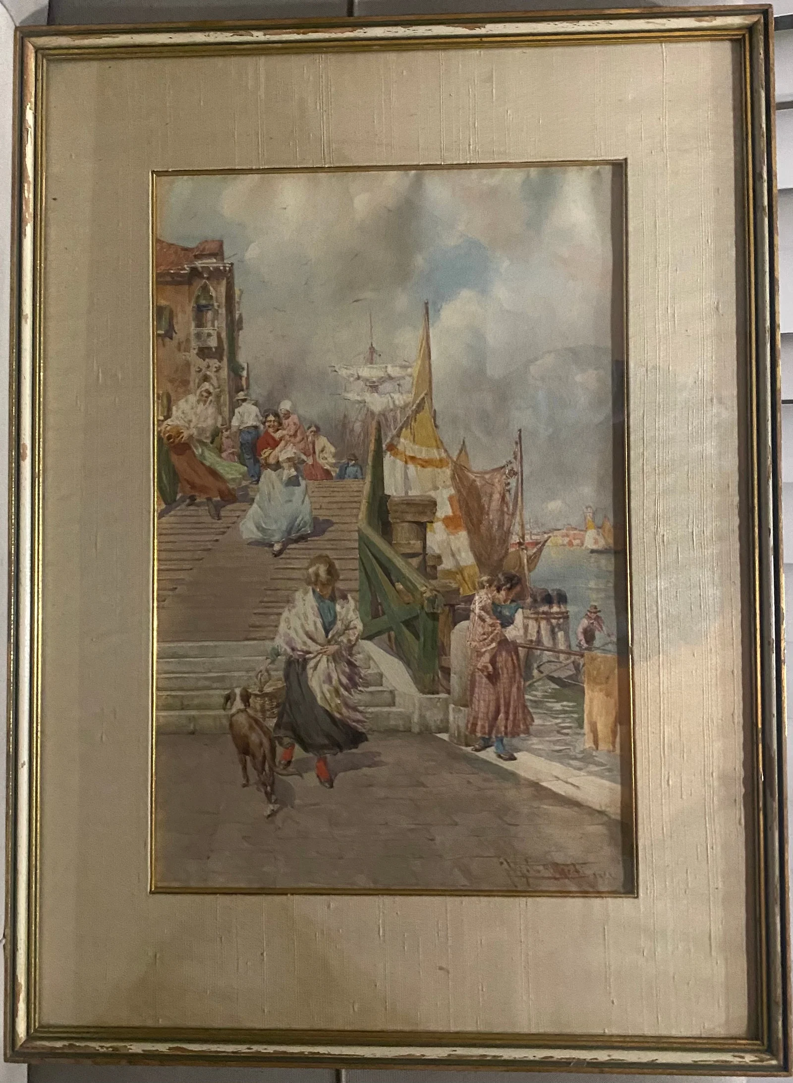Seaside Giuseppe Vizzotto Alberti Original Watercolor Painting with spectacular vibrant colors 1902