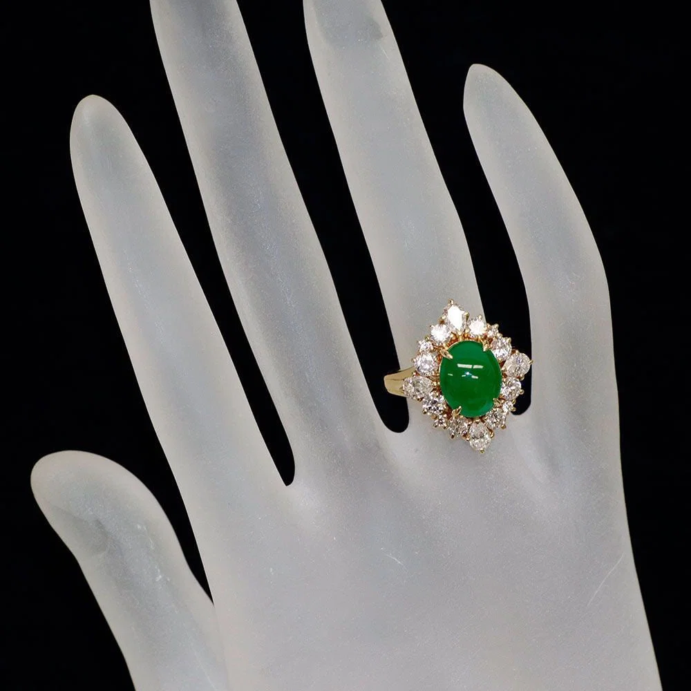Second-hand Mikimoto 18K Yellow Gold Jade and Diamond Ring
