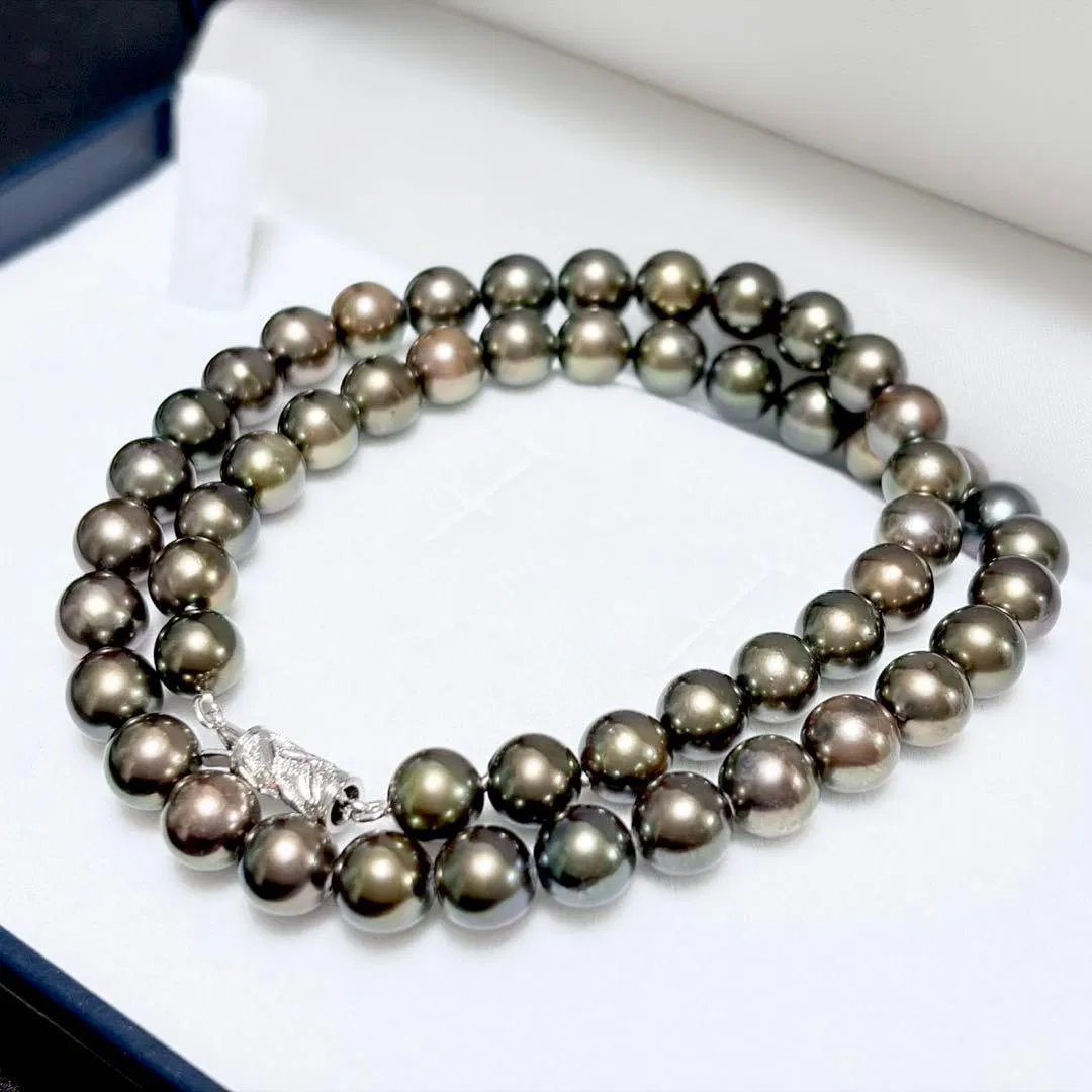 (Second-hand) Natural Akoya Pearl Necklace, 7.6-8.0mm, Dark Gray, with Silver Accents
