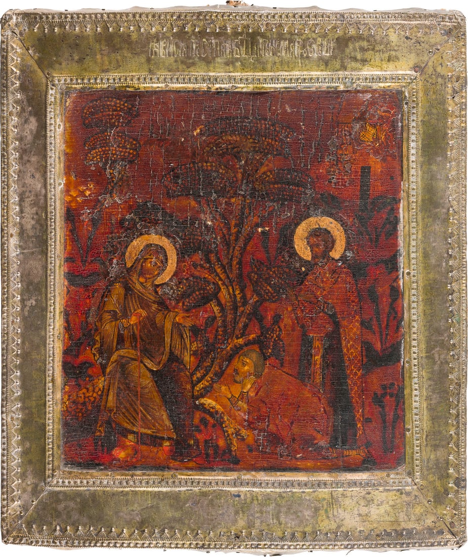 | SEHR FEINE IKONE MIT DER GOTTESMUTTER 'BESSADNAJA' (DIE BELEHRENDE) MIT BASMA