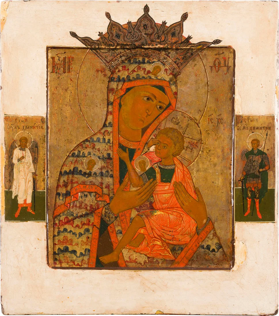 | SEHR FEINE IKONE MIT DER GOTTESMUTTER 'O VSEPETAJA MATI' (OH DU VON ALLEN GEPRIESENE MUTTER)
