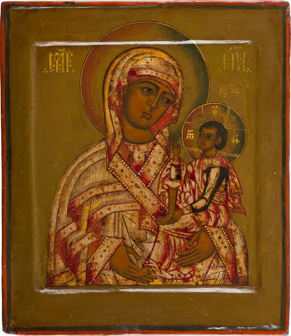 | SEHR FEINE IKONE MIT DER GOTTESMUTTER VON SMOLENSK UND SCHUJA (SCHUISKAJA)