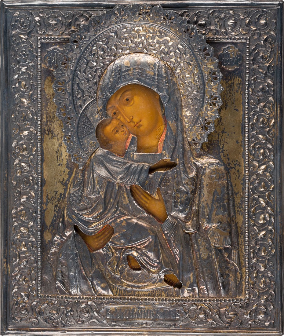 | SEHR FEINE IKONE MIT DER GOTTESMUTTER VON WLADIMIR (WLADIMIRSKAJA) MIT VERMEIL-OKLAD