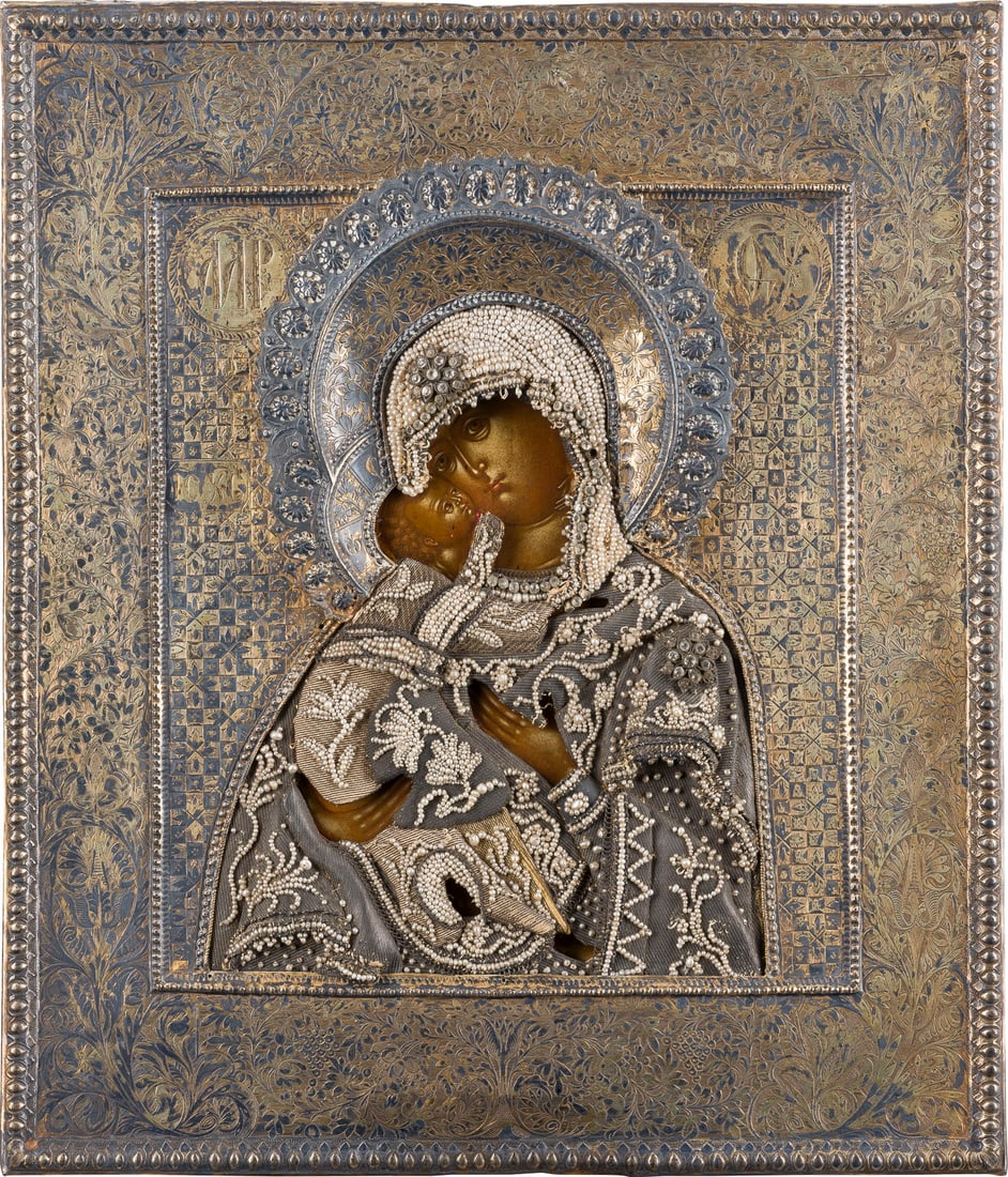 | SEHR FEINE IKONE MIT DER GOTTESMUTTER 'WOLOKOLAMSKAJA' MIT PERL-VERMEIL-OKLAD
