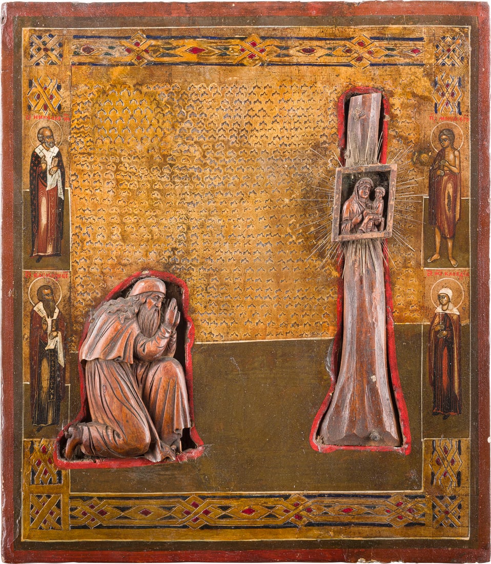 | SELTENE IKONE MIT DEM HEILIGEN DOROFEJ MIT DER GOTTESMUTTER 'JUGSKAJA'