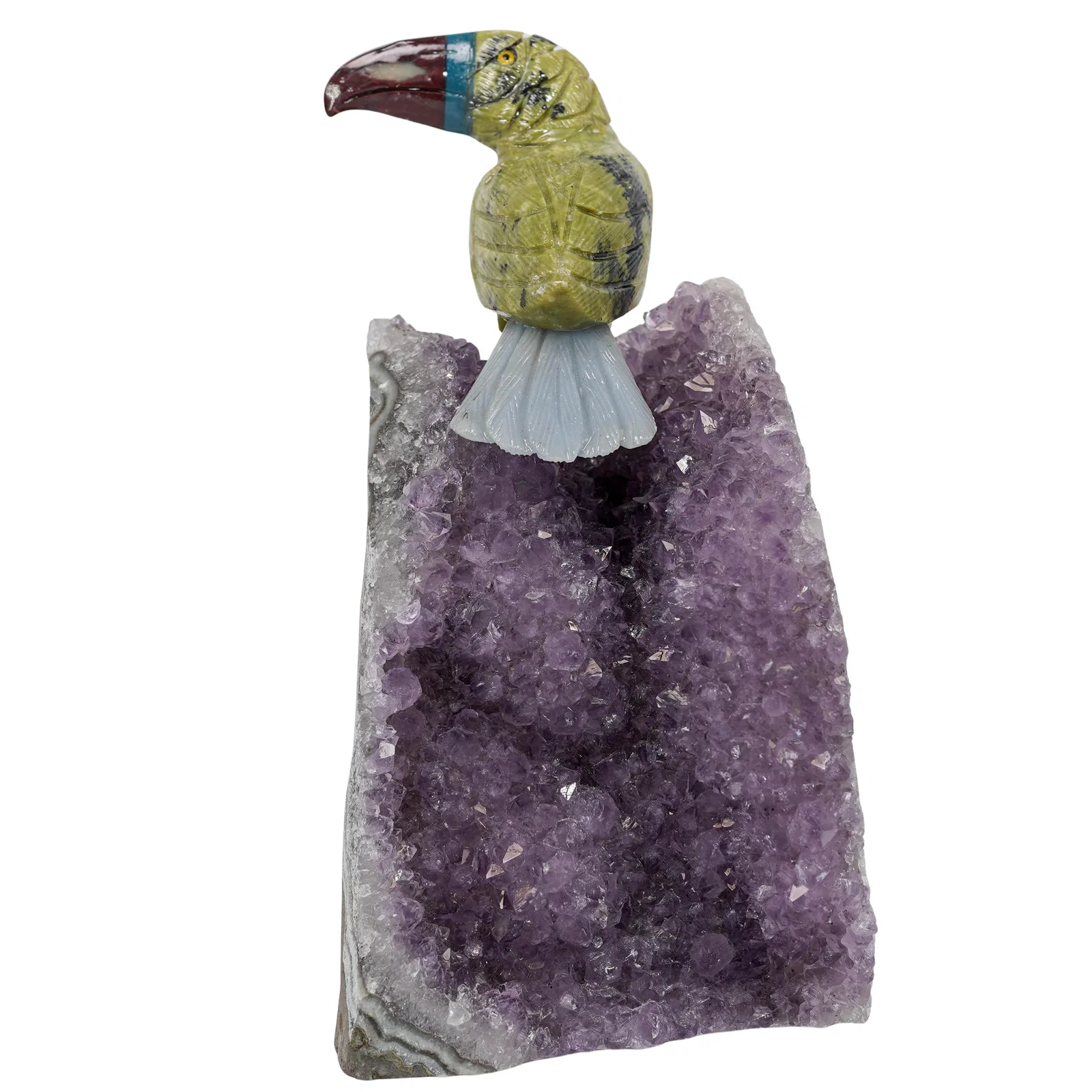 Semi-Precious Stone Toucan On Amethyst Geode Base