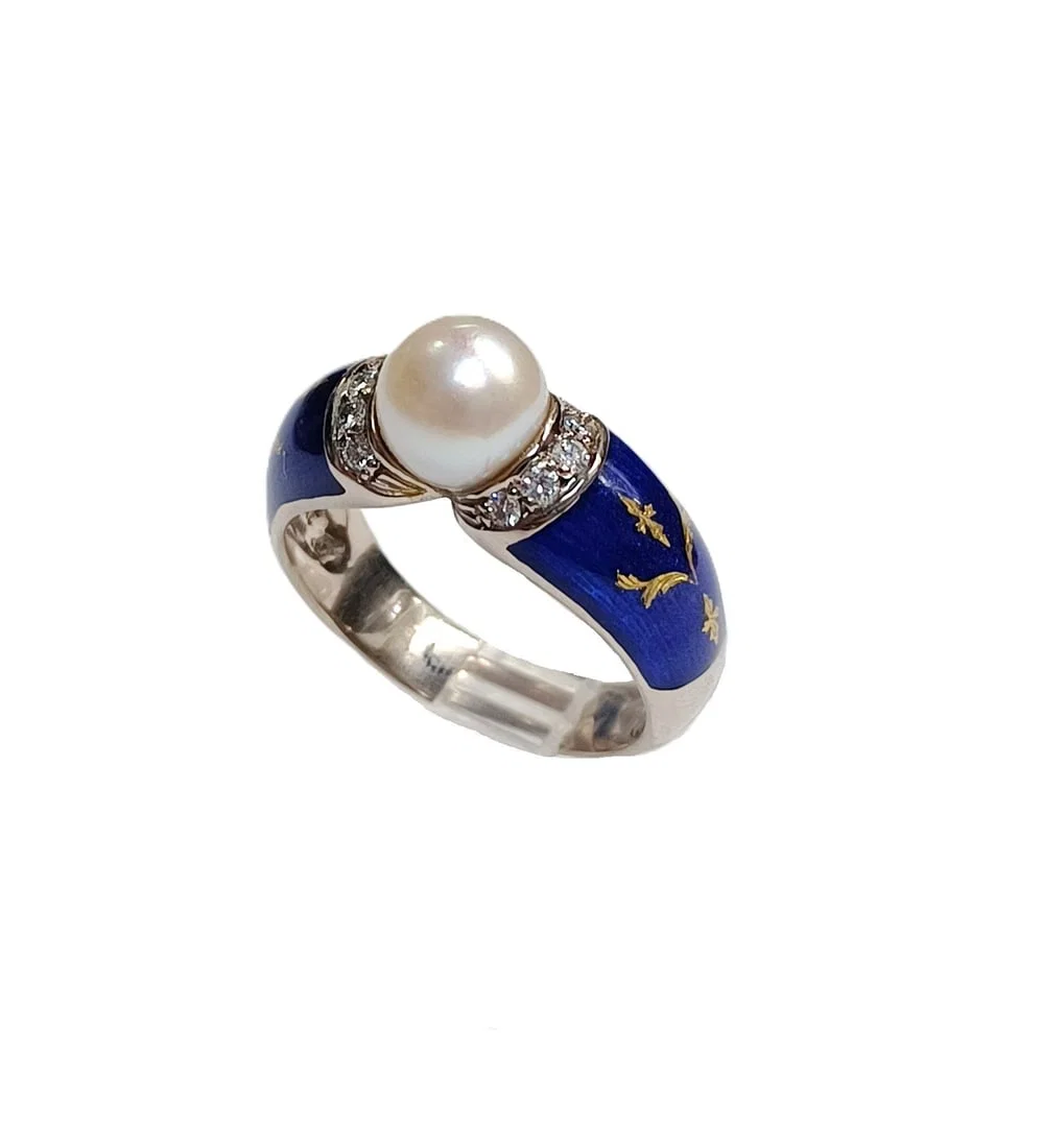 Sensational Faberge 18k White Gold Enamel Cultured Pearl Natural Diamond Ladies Ring Size 7.25