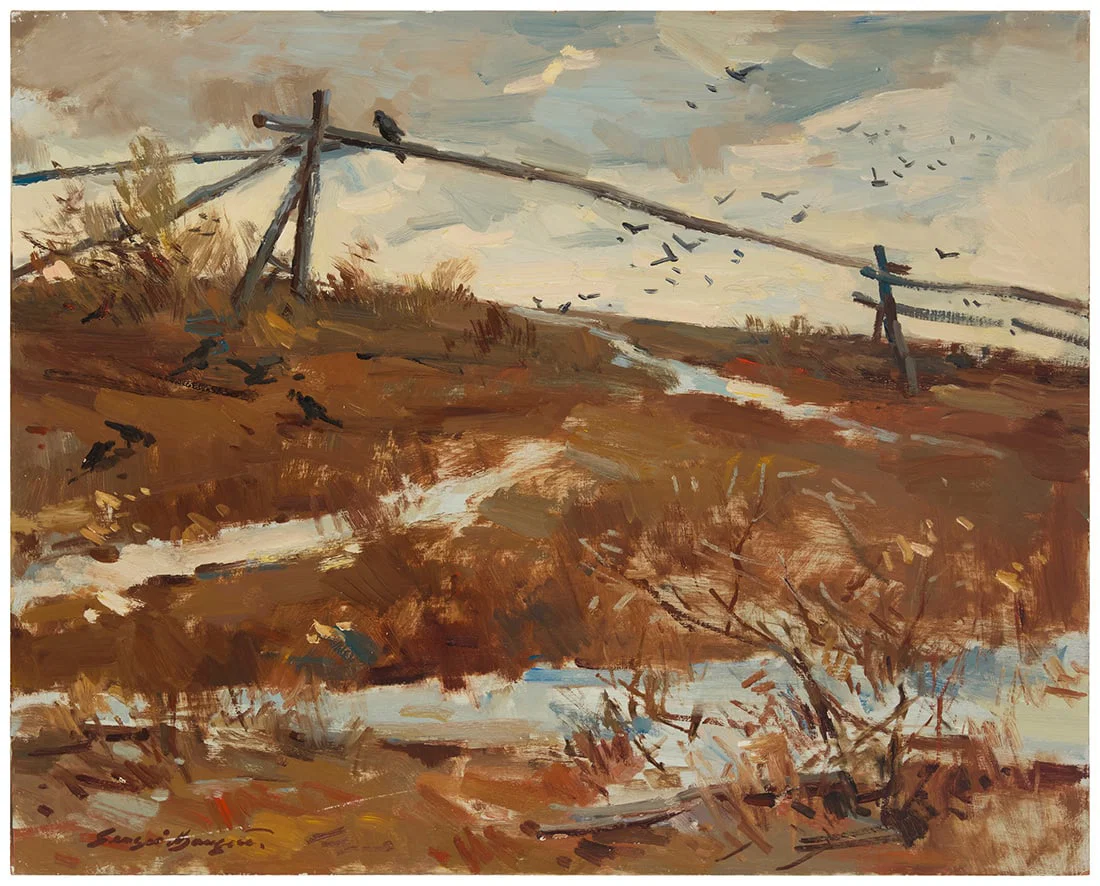 Sergei Bongart (1918-1985), Crows in an early Spring landscape