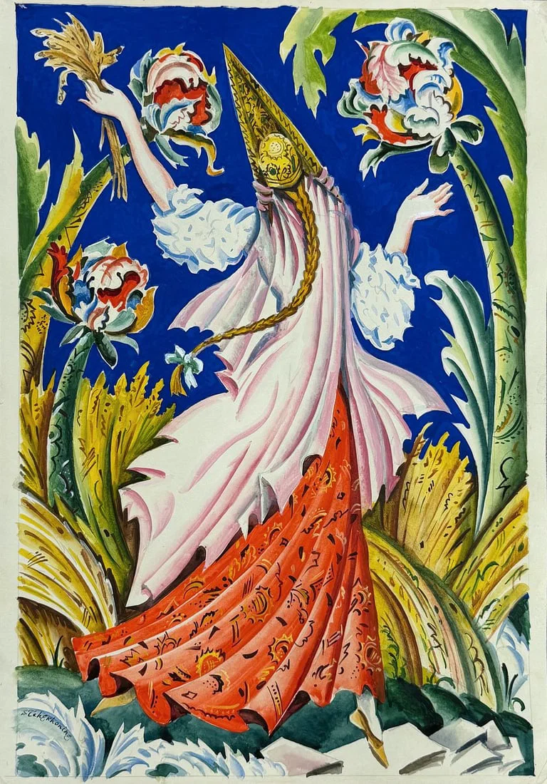 Sergey Chekhonin (1878-1936), Decorative Composition with Figure and Floral Motifs