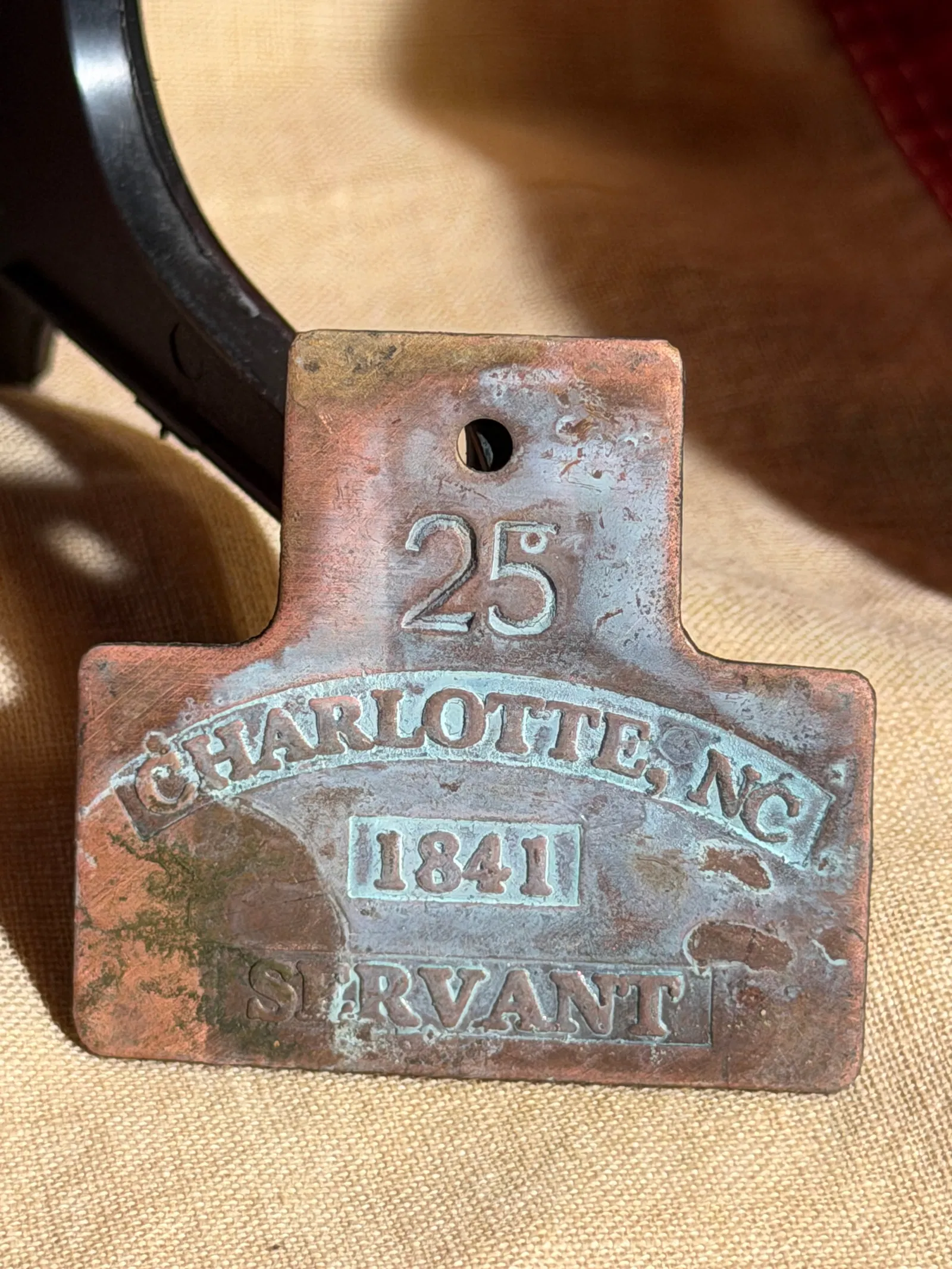 Servant Identification Badge, Charlotte, North Carolina, 1841 Slave Tag