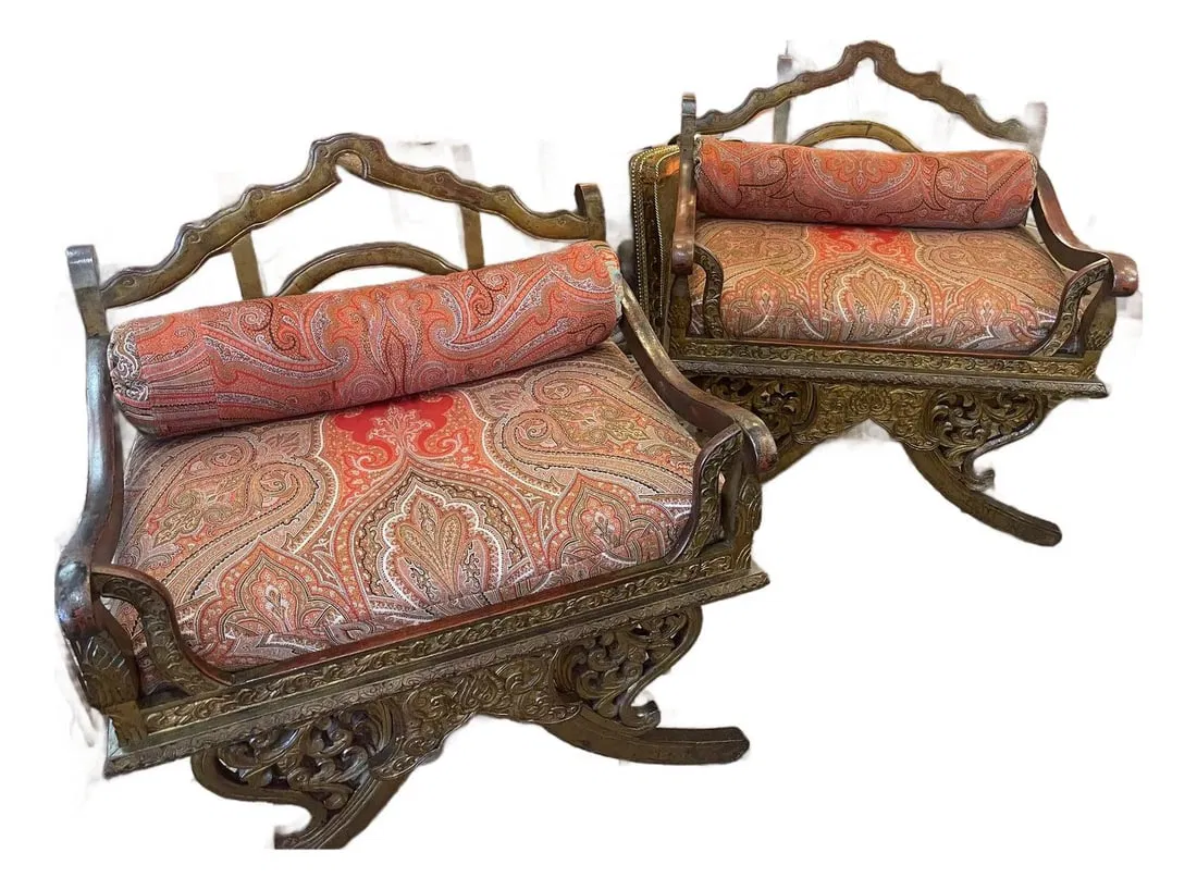 Set of 2 Carved Rosewood Thailand Elephant Saddle Accent Chairs with Paisley Upholstery