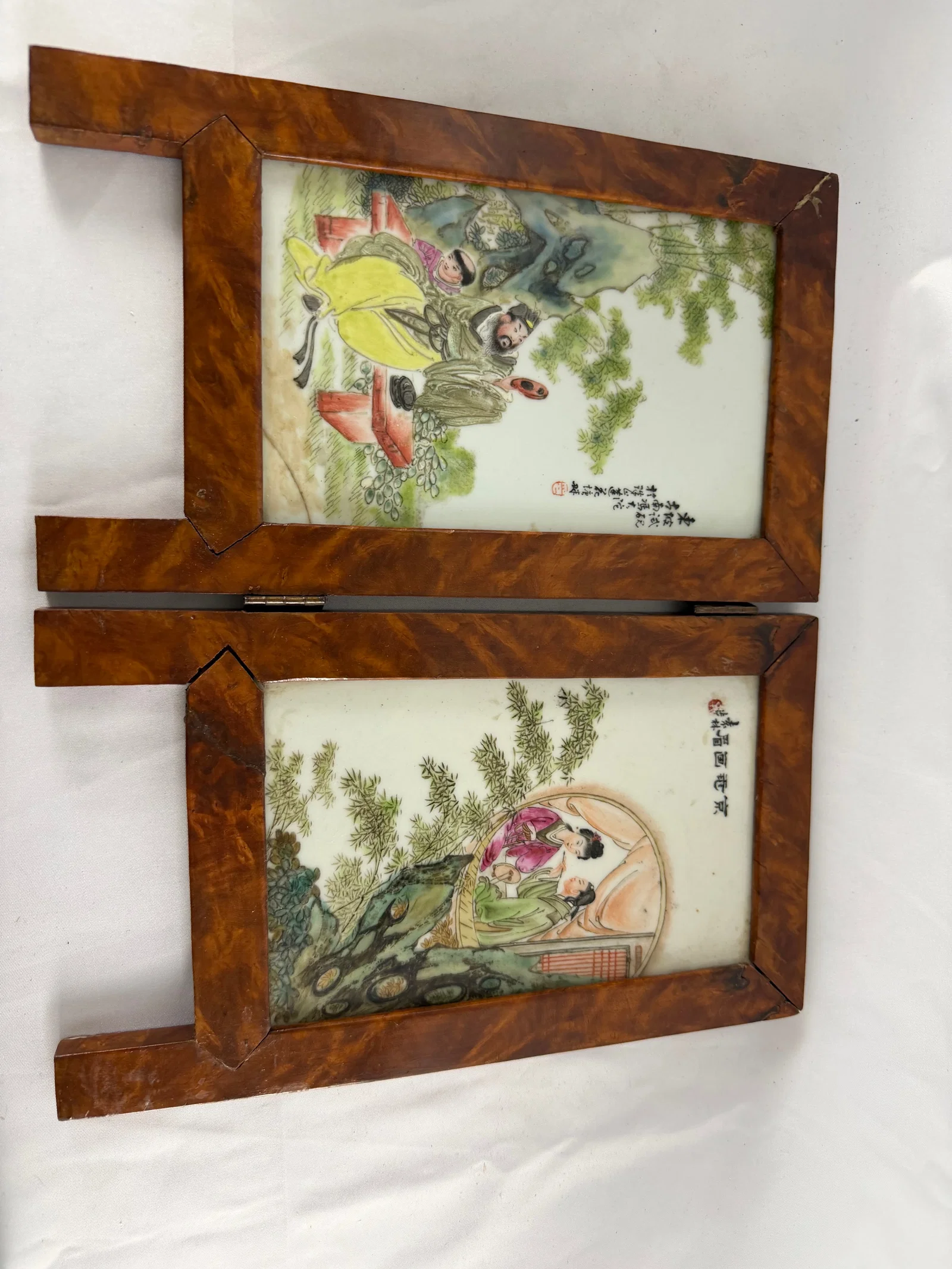 Set of 2 Chinese enameled famille rose figures scene Porcelain China plaques signed