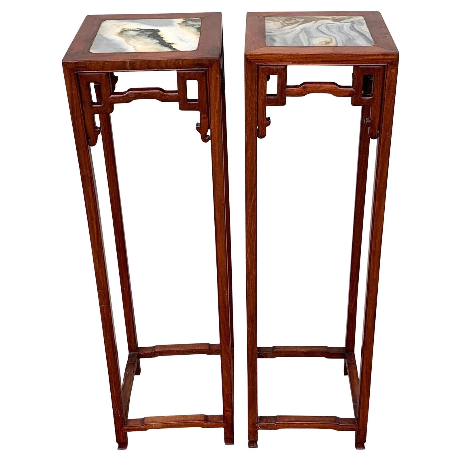 Set of 2 Chinese Export Hardwood Marble Pedestals 20th Century