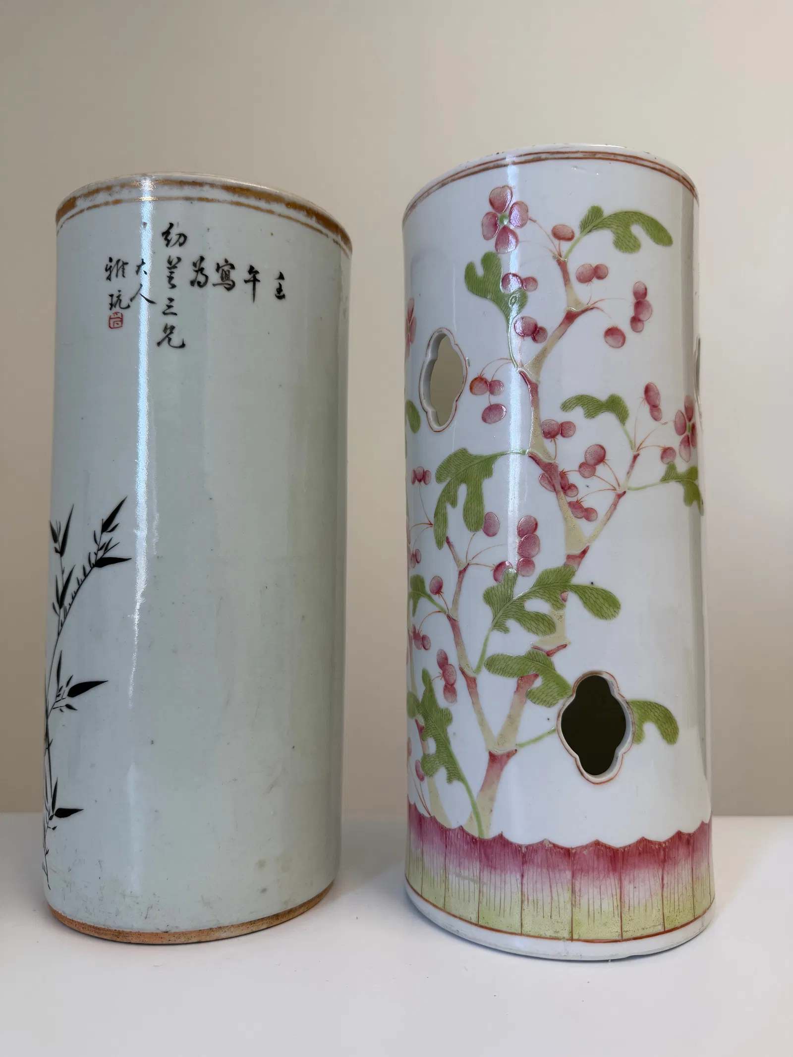 Set of 2 Chinese famille rose porcelain hat stands