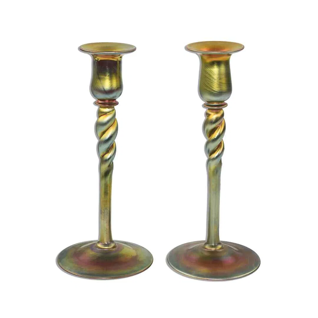Set of 2 Signed Steuben Gold Aurene Glass Candlesticks