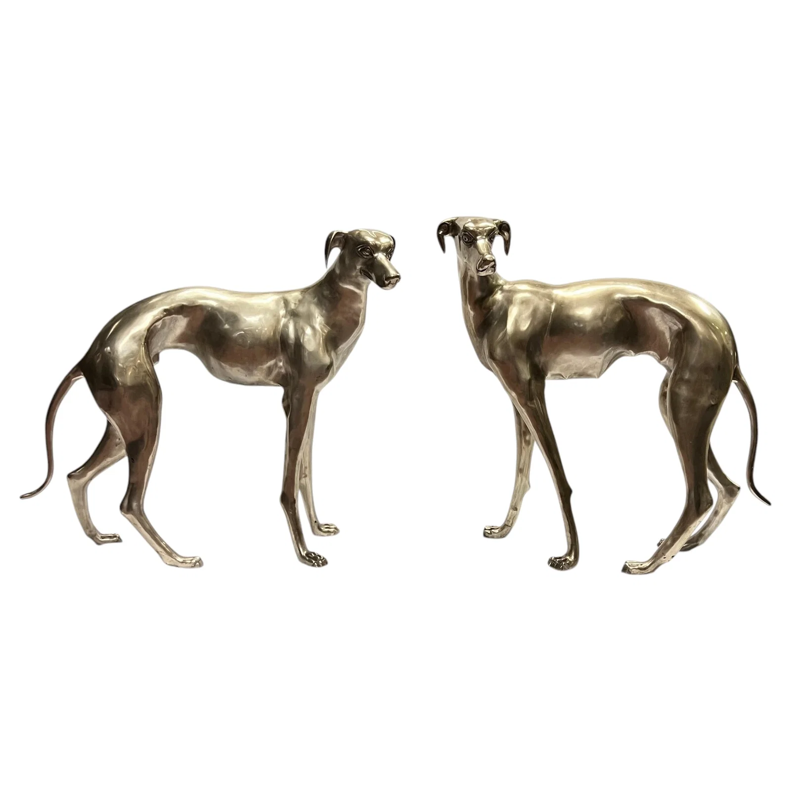 Set of 2 Silvered Bronze Greyhound Dog Figures Mid-Century Modern