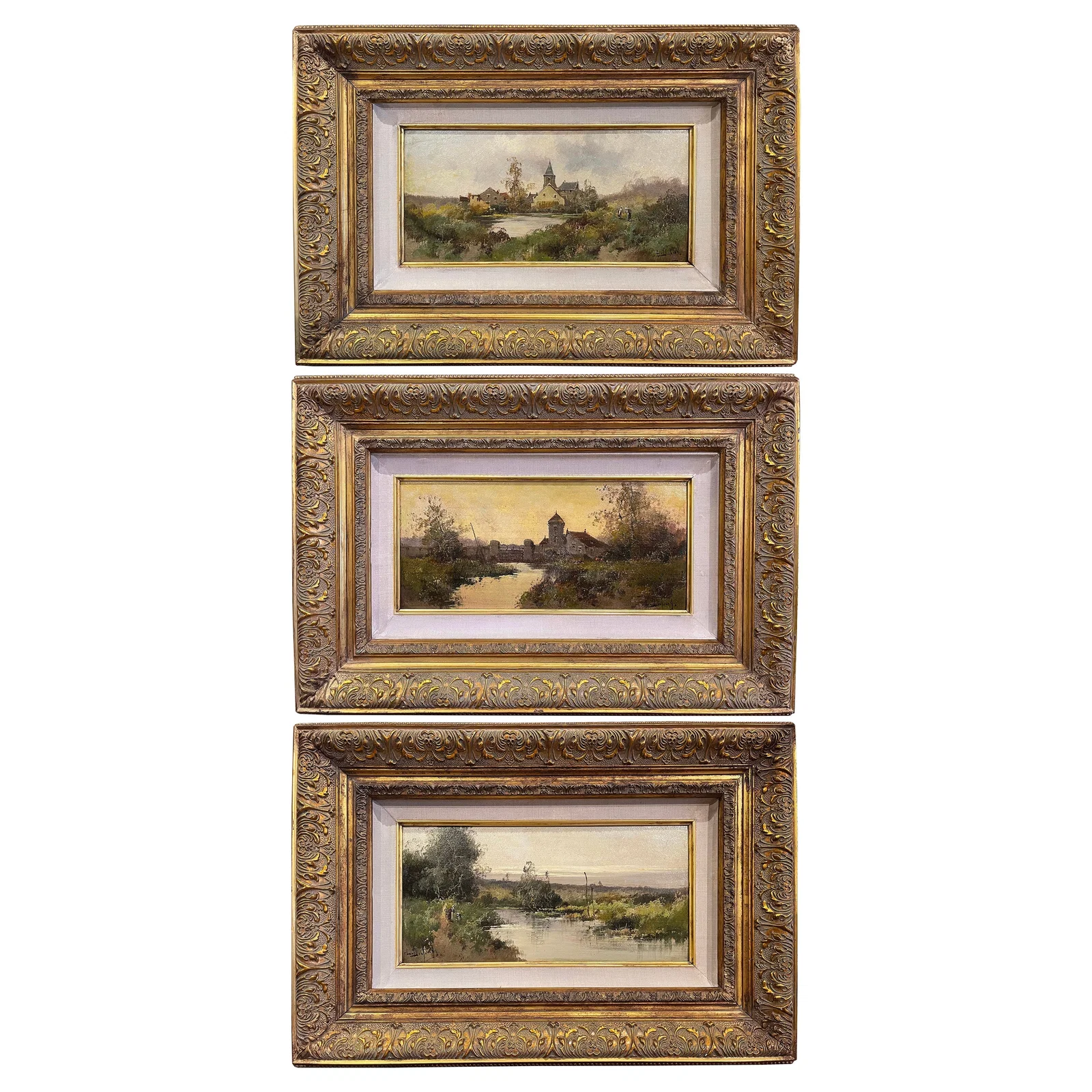 Set of 3 Antique Landscape Paintings by Leon Dupuy in Giltwood Frames
