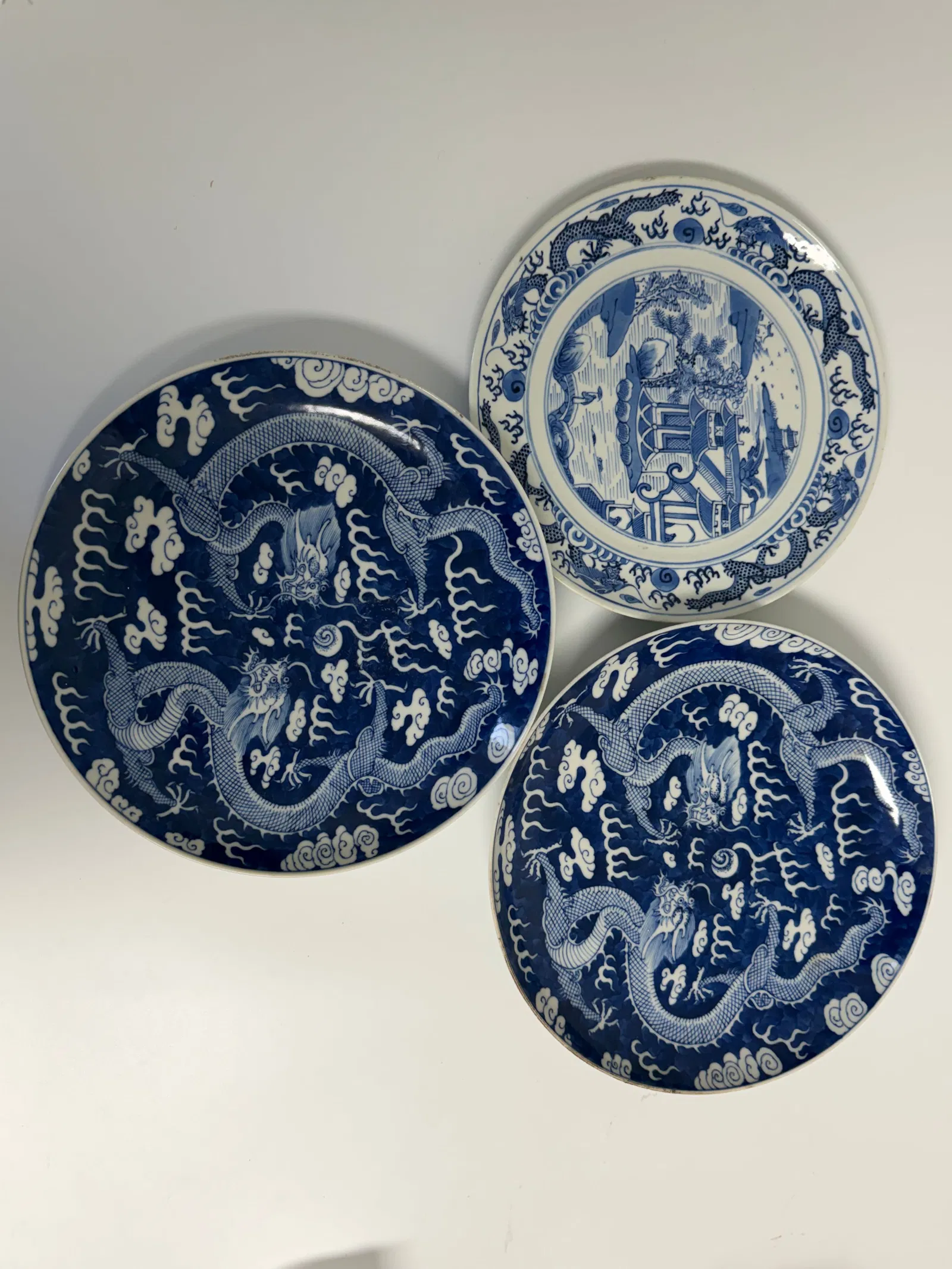 Set Of 3 Chinese blue and white dragons plates