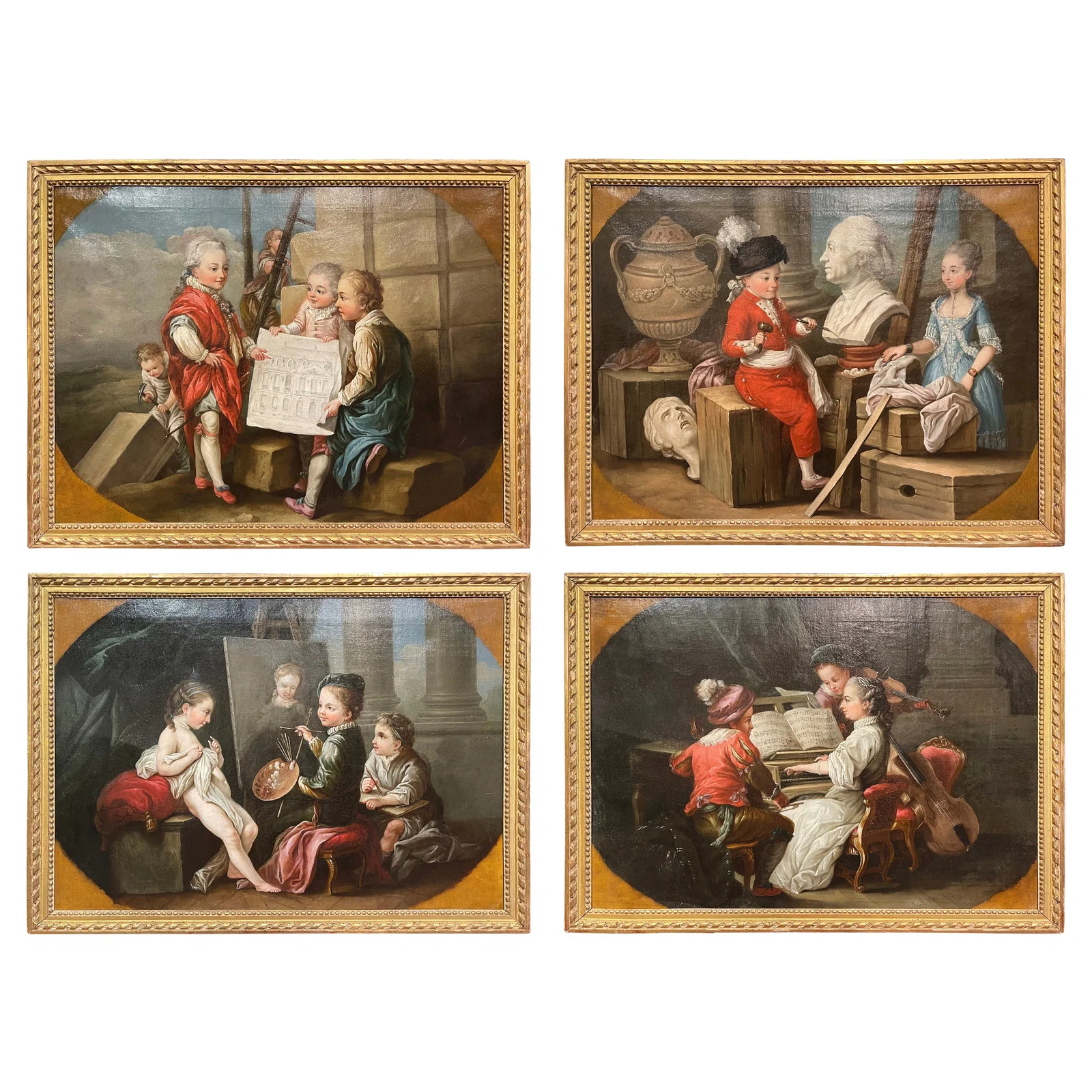 Set of 4 18th Century French Allegorical Paintings in Giltwood Frames