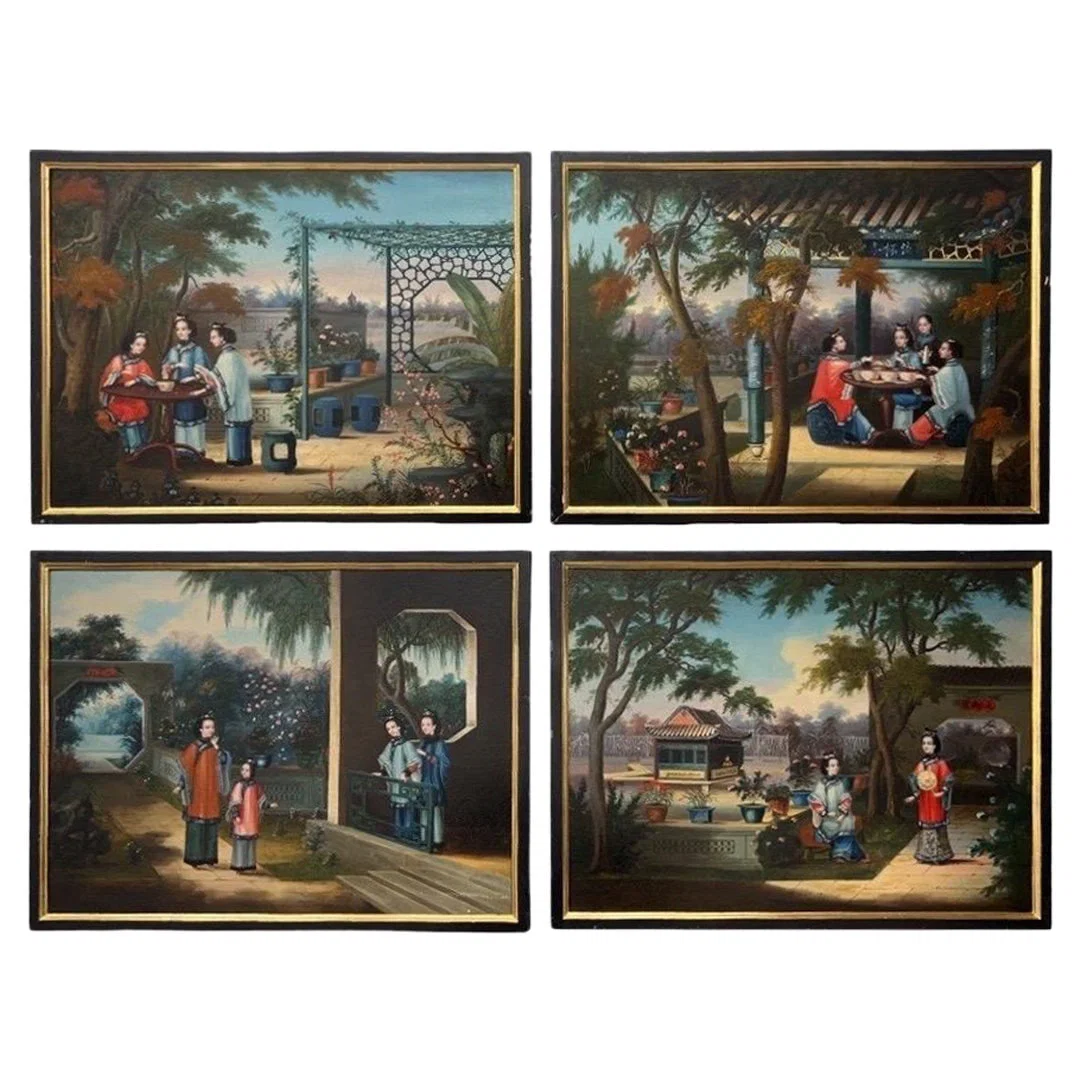 Set of 4 Rare Chinese Export Oil Paintings C. 1840 National Gallery Provenance