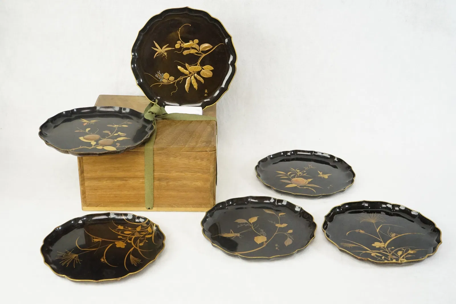 Set of Japanese Lacquer Trays with Wood Boxe