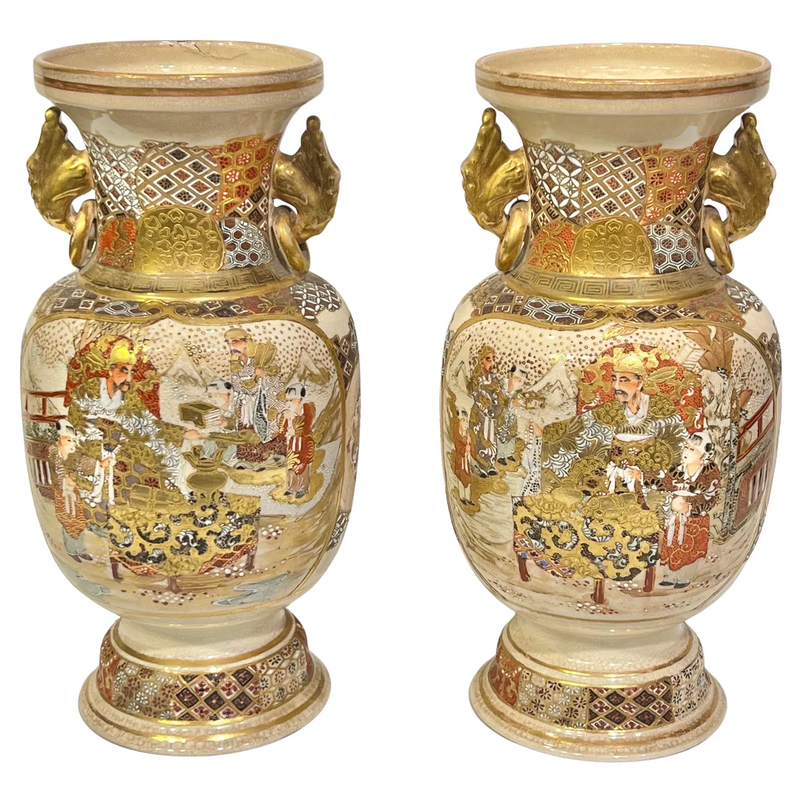 Set of Two Meiji Era Japanese Satsuma Ceramic Vases With Samurai Decoration