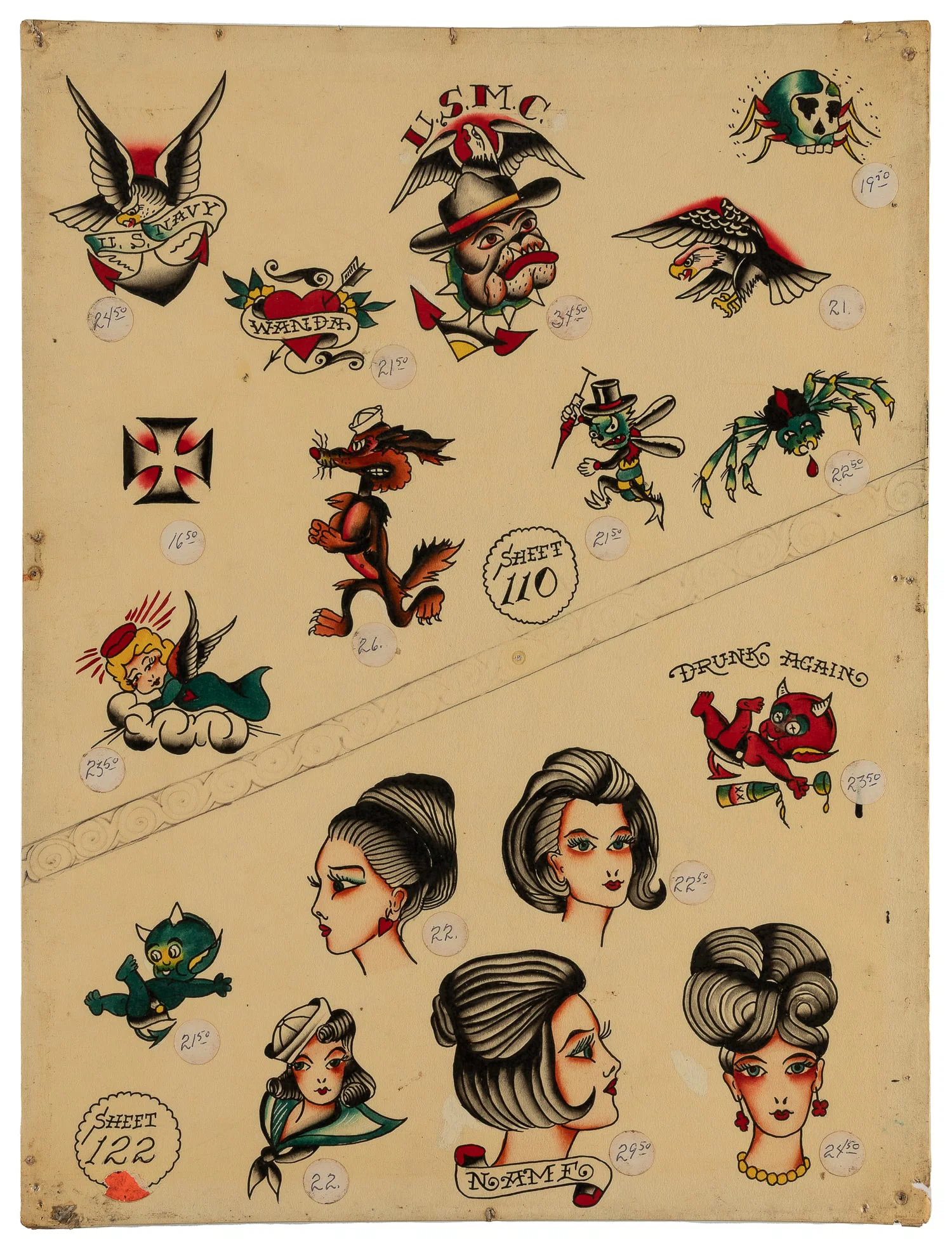 Seventeen Flash Designs by Bob Shaw, Bert Grimm’s Tattoo, Long Beach Pike, 1960s