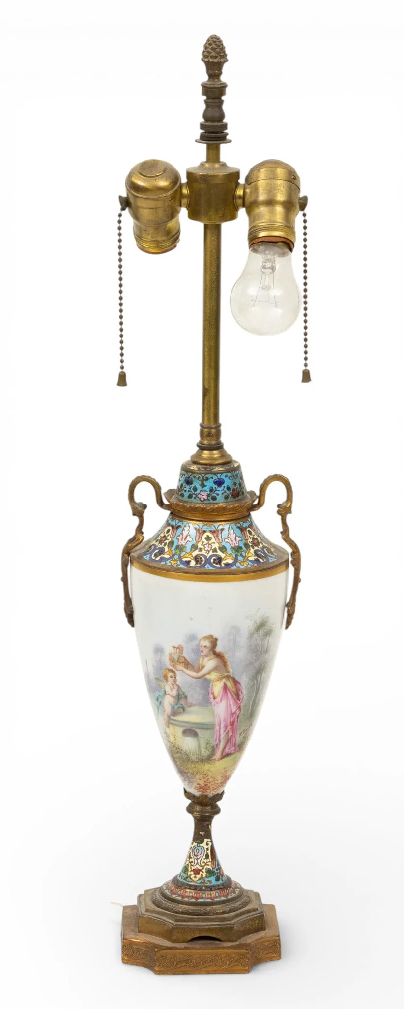 SEVRES (FRENCH) Porcelain and Champleve Enamel Hand Painted Urn Lamp 19th. C., H 25" 1 PC