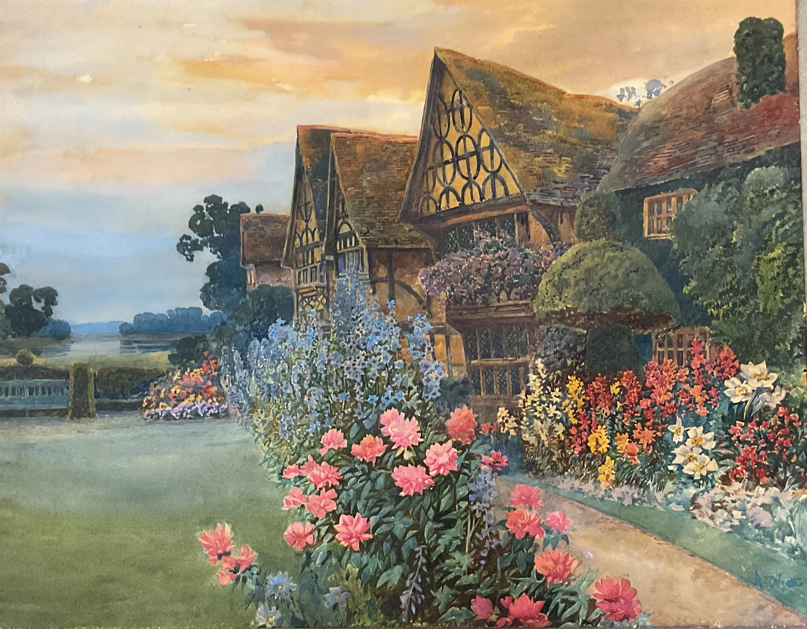 Sgn AC Wyatt English Cottage Watercolor Pntng 22in