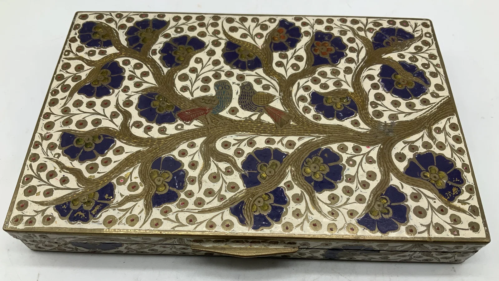 Sgnd Vtg Etched Brass Floral & Bird Motif Box