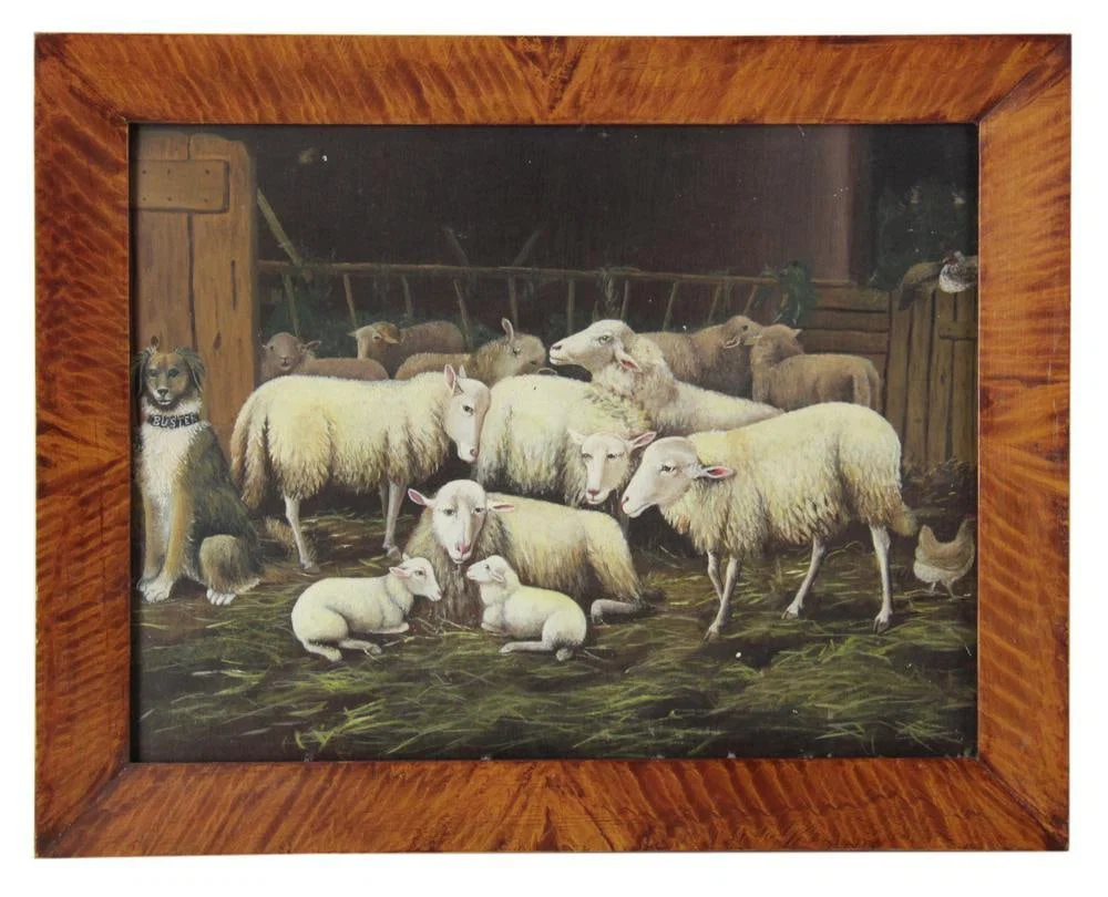 Sheep with "Buster" the Herding Dog, Oil on Board