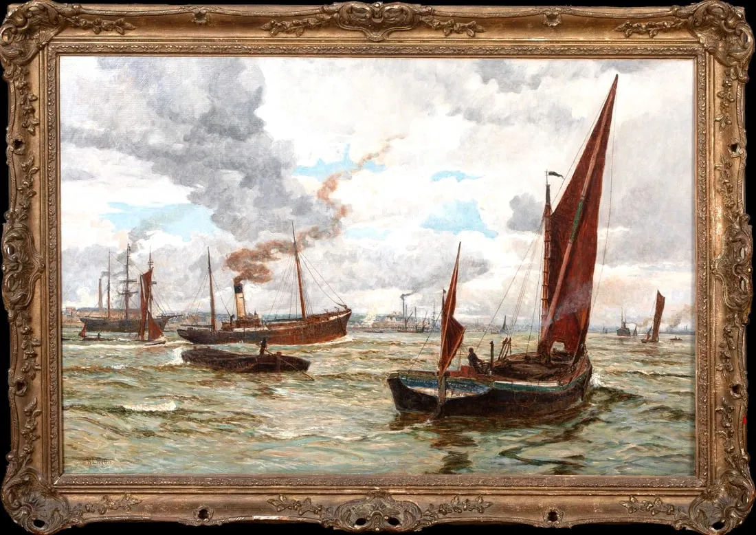 SHIPPING OFF SOUTHAMPTON PORT OIL PAINTING