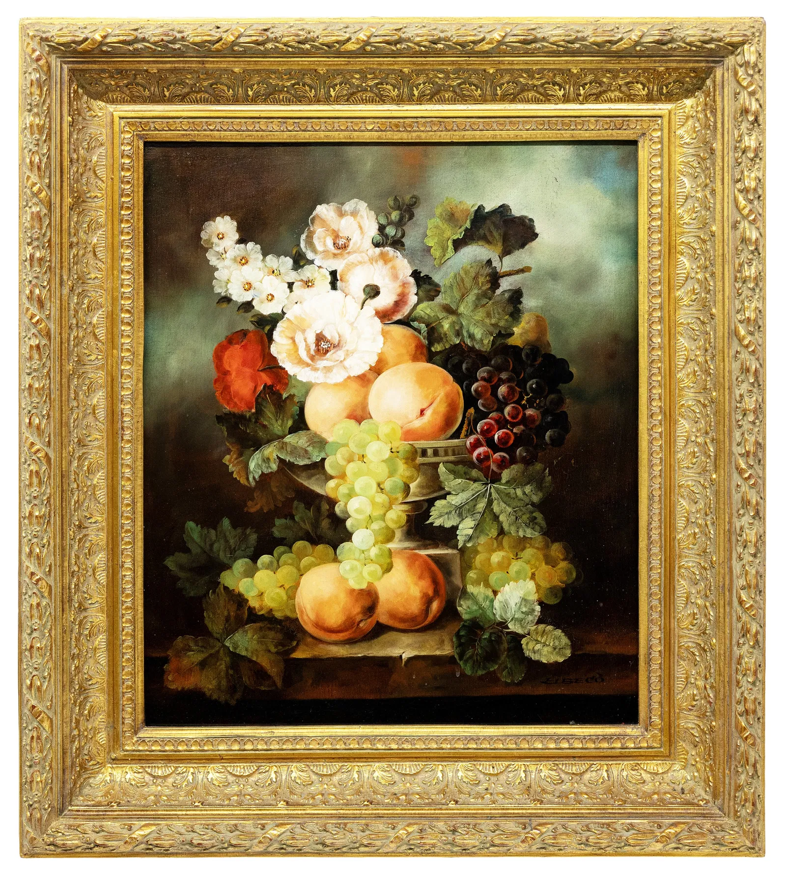 Sign Libeco, European School, Floral Still Life with Fruit, Oil on Canvas